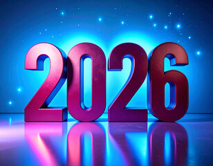 Burgundy digits showcase 2026 in a festive modern setup with vibrant neon lighting