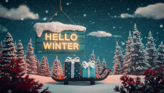 Sleigh carrying christmas gifts under a hello winter sign in a snowy landscape