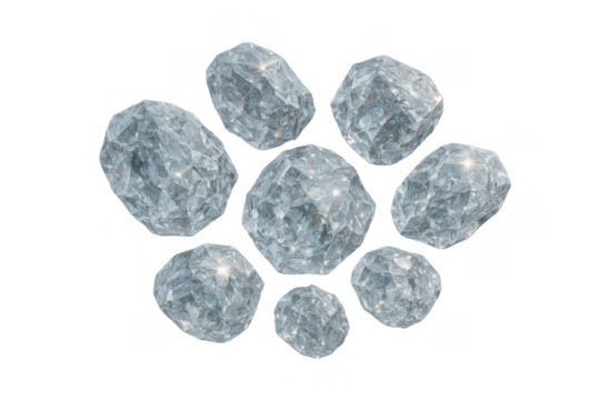 Falling crystal clear ice chunks with shiny facets, creating a cold and chilly effect on a transparent background