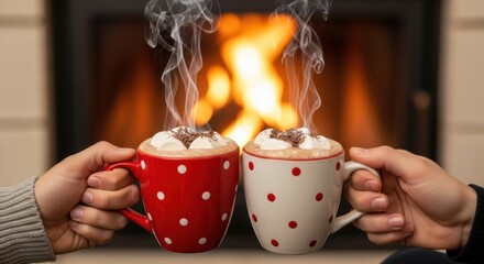Cozy evening by the fireplace with steaming cups of hot chocolate and marshmallows shared between friends