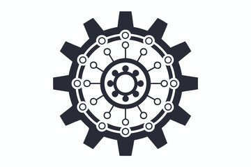 Black gear outline connects circles with lines to a middle shape on white