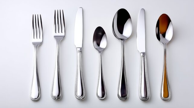 A row of silverware including a fork, knife, and spoon. The silverware is arranged in a neat row on a white background - Powered by Adobe