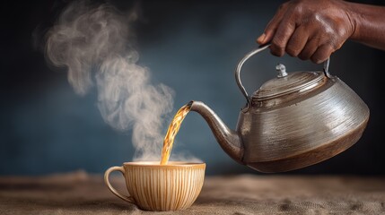 A person is pouring hot water into a cup from a teapot. The steam from the teapot is rising into the air, creating a cozy and warm atmosphere