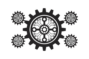 Black gears and circuit patterns convey connection and motion against a white background