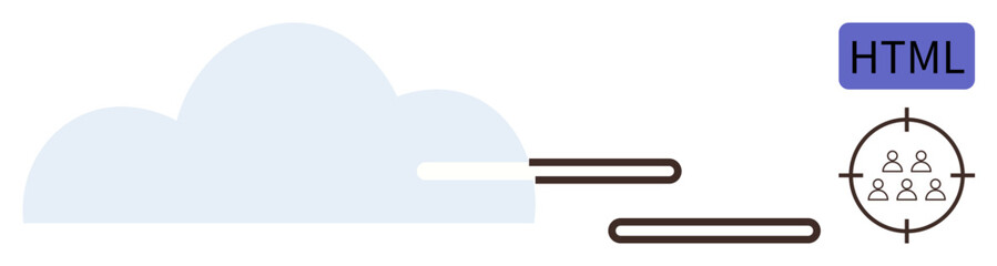 Cloud with HTML label and target symbol with people icons. Ideal for technology, communication, cloud computing, audience targeting, web development, online strategy, innovation. Simple flat metaphor
