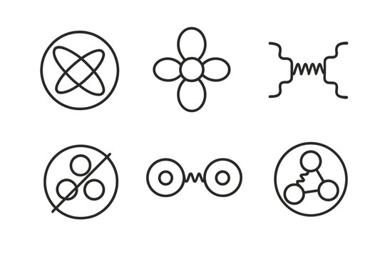Particle Physics Icons. Line style icons of particle physics: quantum chromodynamics, color charge symbol, gluon icon, color
