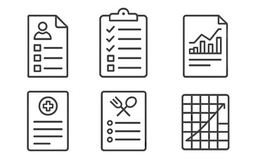 Rehabilitation Icon Set. Line style icons of Rehabilitation Record Keeping: intake form, care log, daily chart, medication record,
