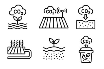 Carbon Capture Icons. Line style icons of carbon capture: agricultural carbon capture, field with sensor icon, soil sequestration