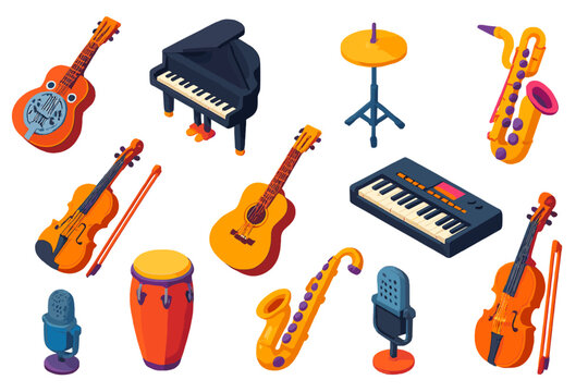 Vibrant Music Icons. Isometric vector illustration set music instruments: resonator guitar, baby grand piano, drum kit hi-hat,