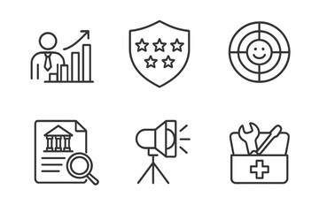 Hedge Fund Icon Set. Line style icons of hedge funds: investor confidence chart, reputation index icon, social sentiment radar,