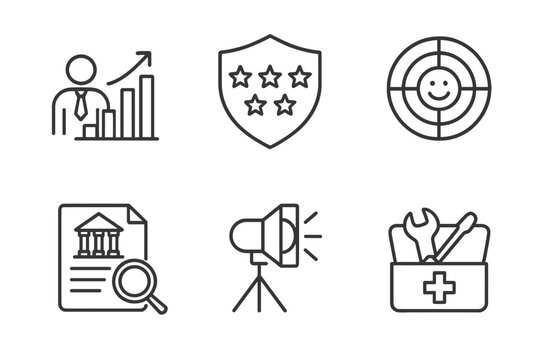 Hedge Fund Icon Set. Line style icons of hedge funds: investor confidence chart, reputation index icon, social sentiment radar,