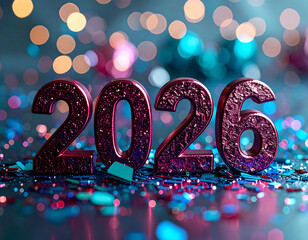 Festive celebration background featuring sparkling burgundy numbers representing the year 2026 in a colorful setting