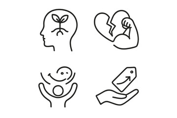 Mental Health Icons. Line style icons of mental health: resilience and growth, seedling in brain icon, adversity to strength,