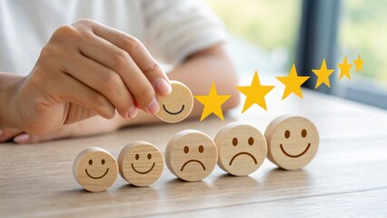 Customer satisfaction rating concept with wooden smile face and five stars