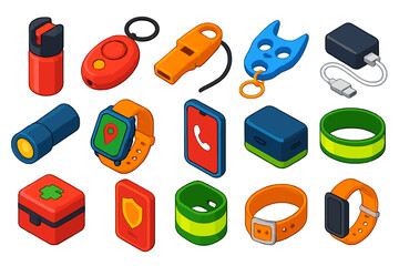 Personal Safety Tools. Isometric vector illustration set Personal Safety Tools: pepper spray, personal alarm, whistle,