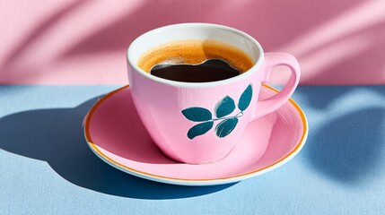 A pink coffee cup with a leaf design sits on a pink plate. The cup is filled with dark coffee, and the plate is placed on a blue surface. Concept of warmth and comfort, as the cup