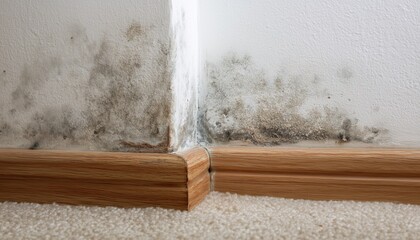 Close-Up Of Indoor Mold On Wall Baseboard And Wallpaper In Corner, Highlighting Moisture Damage And Hygiene Concerns For Health And Home Maintenance.