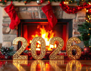 Warm holiday setup with gold reflective digits marking the arrival of 2026 in front of a cozy fireplace