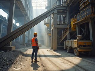 Worker construction industrial surveys machinery in a large factory setting