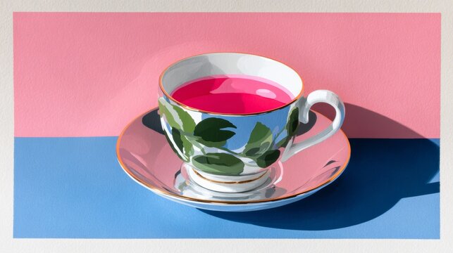 A cup of pink liquid sits on a saucer. The cup is decorated with leaves and the saucer is blue
