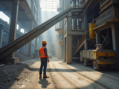 Worker construction industrial surveys machinery in a large factory setting