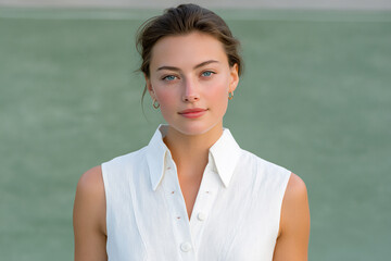 Young woman with long hair wearing a white sleeveless shirt stands confidently on a green background, showcasing natural beauty and serene expression in a casual outdoor setting