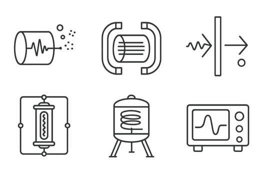 Dark Matter Icons. Line style icons of dark matter: axion detection icon, magnet chamber, light-through-wall test, resonant cavity