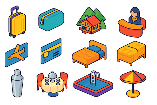 Travel & Hospitality Icons. Isometric vector illustration set Travel and Hospitality: hard case luggage, travel pouch, e-ticket,