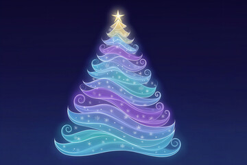 Colorful watercolor illustration of a whimsical Christmas tree with flowing ribbons and sparkling stars, creating a magical holiday atmosphere and festive spirit