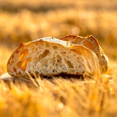 Close-up of a rustic bread loaf, illuminated by warm sunlight