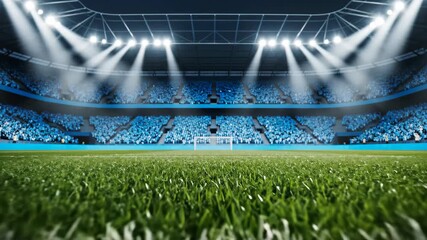 Hyper-realistic cinematic wide shot of an empty football stadium with bright floodlights and blue seats. - Powered by Adobe