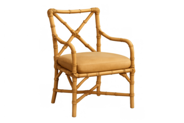 Bamboo armchair with natural wood frame and soft cushion, elegant cane furniture for home decor, transparent background