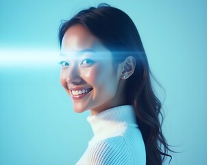 Portrait woman smile softly in a modern blue glow.