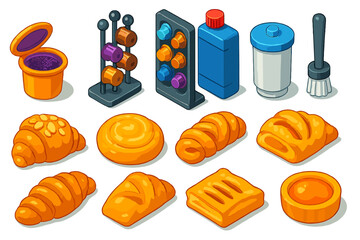 Coffee Tools and Pastries. Isometric vector illustration set Coffee Equipment and Breakfast Treats: reusable coffee pod, pod stand