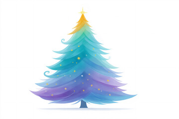 Colorful watercolor illustration of a stylized Christmas tree with vibrant blue and purple hues, adorned with twinkling stars, creating a festive and cheerful atmosphere for holiday celebrations