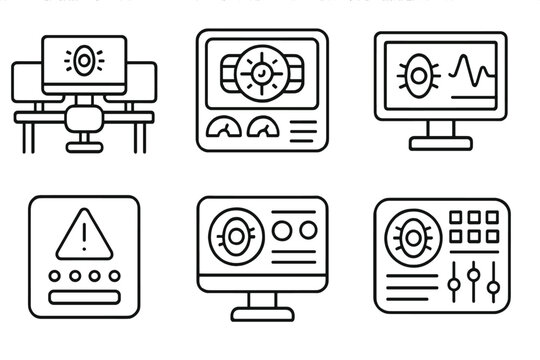 Nuclear Fusion Control Icons. Line style icons of nuclear fusion: control room icon, fusion reactor dashboard, monitoring screen,