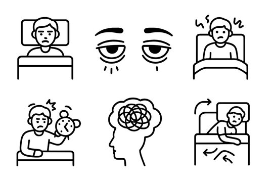 Sleep Therapy Icons. Line style icons of sleep therapy: insomnia symptoms, tired eyes icon, restless figure in bed, alarm clock