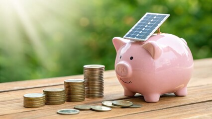 Solar energy savings concept with piggy bank and panel for investments