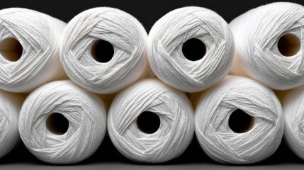 A stack of white yarns with a black background. The yarns are piled on top of each other, creating a sense of depth and texture. The image evokes a feeling of warmth and comfort