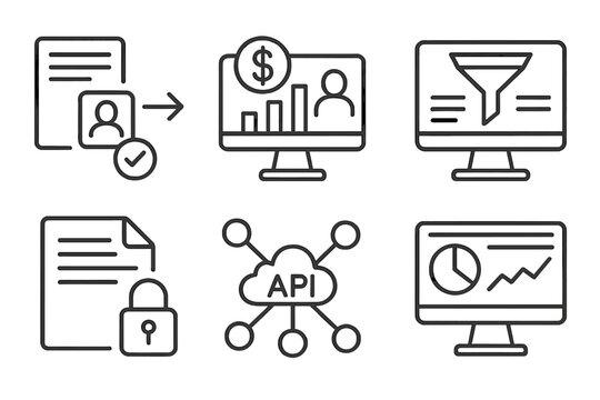 Hedge Fund Line Art. Line style icons of hedge funds: digital onboarding process, online investor portal, fund data feed,