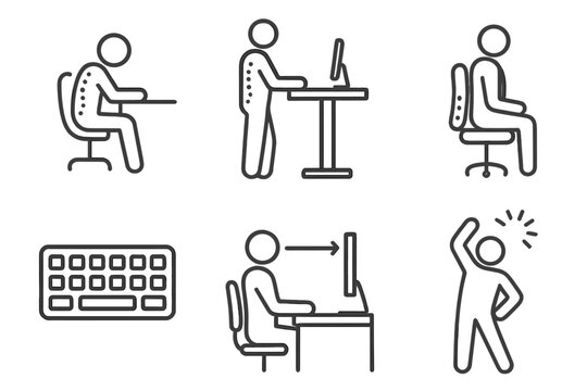 Ergonomic Workplace Icons. Line style icons of chiropractic care: workplace ergonomics, standing desk pose, lumbar chair support,