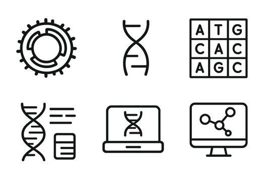 Microbiology Line Icons. Line style icons of microbiology: microbial genome map, base pair icon, ATGC chart, sequencing platform,
