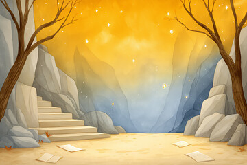 Enchanted landscape illustration featuring golden skies, rocky formations, and a serene pathway with scattered pages, creating a mystical atmosphere for storytelling and creativity
