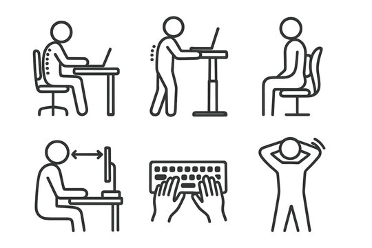 Ergonomic Workplace Icons. Line style icons of chiropractic care: workplace ergonomics, standing desk pose, lumbar chair support,
