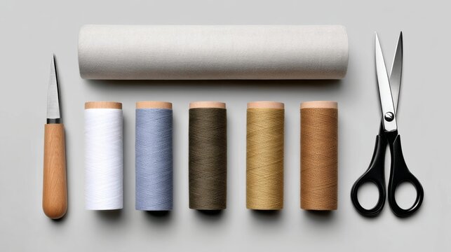 A variety of different colored threads are laid out on a table next to a pair of scissors. The scissors are black and the table is gray. Concept of creativity and craftsmanship - Powered by Adobe