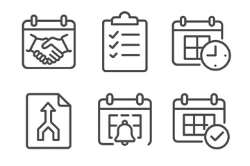 M&A Icons Set. Line style icons of mergers & acquisitions: deal calendar, closing checklist icon, transaction deadline, regulatory
