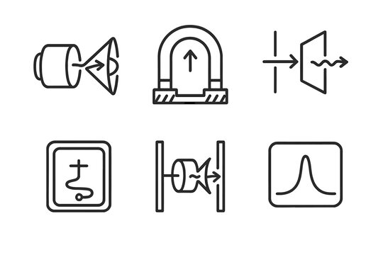 Dark Matter Icons. Line style icons of dark matter: axion detection icon, magnet chamber, light-through-wall test, resonant cavity