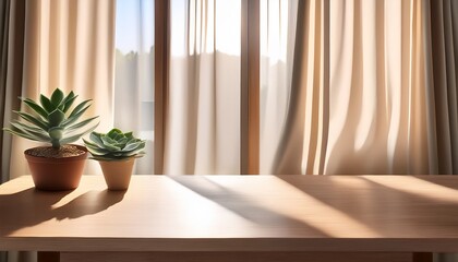Minimalist Home Office With Flowing Silk Curtain Wooden Desk Potted Succulent And Morning Light