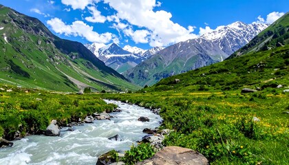 Serene Mountain Valley with Flowing River and Snow-Capped Peaks.