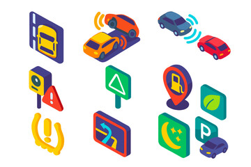 Driving Assistance Icons. Isometric vector illustration set Driving Assistance Icons: lane keep assist icon, blind spot warning,